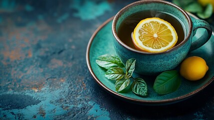 Aufkleber - Tea cup and pot with lemon Grey background Copy space Top view : Generative AI