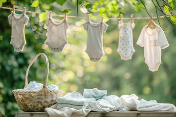 a basket of baby clothes is hanging on a clothesline