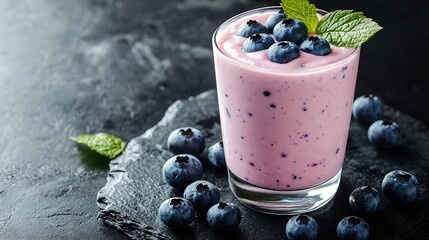 Poster - Berry smoothie with fresh blueberries on a black stone background Copy space : Generative AI