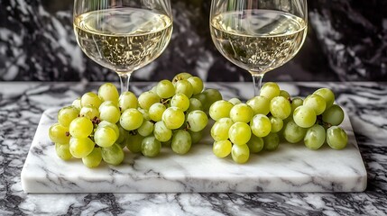 Fresh grape on marble cutting board with glasses of white wine Wooden background Copy space : Generative AI