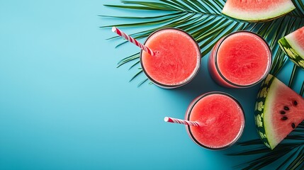 Poster - Fresh watermelon juice smoothie on blue background with palm leaf Top view : Generative AI