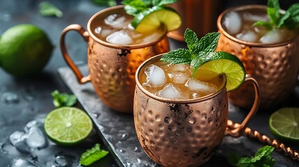 Aufkleber - Moscow Mules cocktail with ginger beer vodka lime and mint Grey background Close up Top view : Generative AI