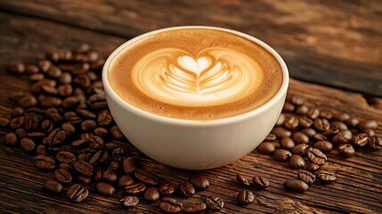 Aufkleber - Cup of coffee cappuccino with coffee beans on a wooden background : Generative AI