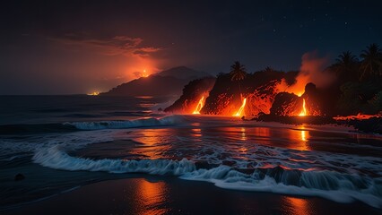 Wall Mural - a lava flow is lit up at night.