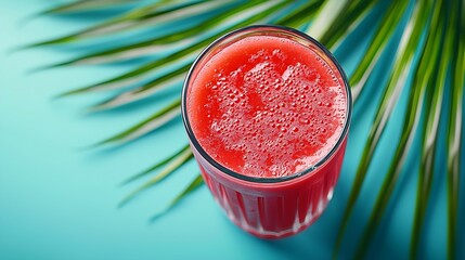 Poster - Fresh watermelon juice smoothie on blue background with palm leaf Top view : Generative AI