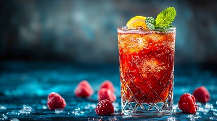 Poster - Raspberry cocktail fizz lemonade ice tea with fresh mint on blue wooden background Close up Copy space : Generative AI