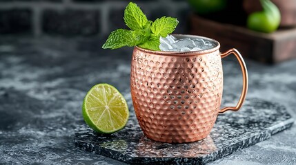 Aufkleber - Moscow mule cocktail in copper mug shaker with fresh mint lime on marble board Dark background Copy space : Generative AI