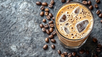 Aufkleber - Ice coffee in a tall glass with cream and coffee beans on a grey stone background Top view Copy space : Generative AI