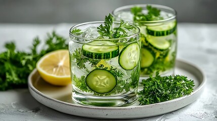 Aufkleber - Lime cucumber parsley cocktail lemonade detox water with ice cubes in a glasses on a white plate : Generative AI