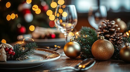 Leinwandbilder - Christmas and New year table place setting with christmas decorations : Generative AI