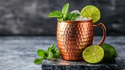 Aufkleber - Moscow mule cocktail in copper mug with fresh mint lime on marble board Grey background Copy space : Generative AI