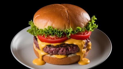 a cheeseburger with a green lettuce and tomato on top of it.