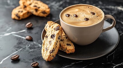 Aufkleber - Coffee espresso in cup with biscotti cookies on black marble background Close up : Generative AI