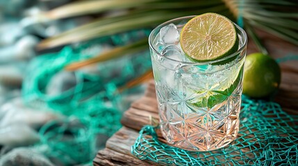 Aufkleber - Gin tonic in glass with ice and lime slice on a wooden background with fishing net and palm leaves Selective focus : Generative AI