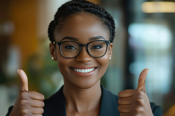 Young African American woman thumbs up in front of the camera