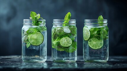 Aufkleber - Mojito cocktail in glass jars on grey stone background Close up : Generative AI