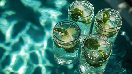 Aufkleber - Mojito cocktail in glass jars on blue water background Close up : Generative AI