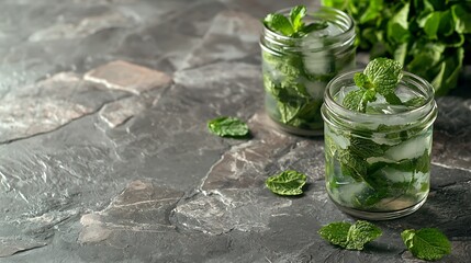 Aufkleber - Mojito cocktail in glass jars on grey stone background Close up : Generative AI