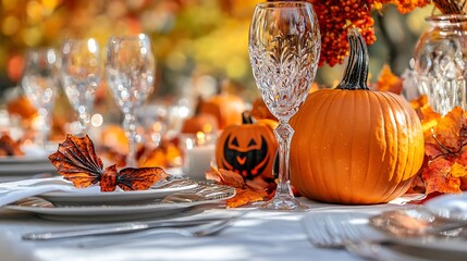 Aufkleber - Autumn table place setting with pumpkin thanksgiving halloween decoration Top view Copy space : Generative AI