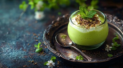 Aufkleber - Green tea matcha yogurt dessert mousse in a glass jar on a metal vintage tray on a wooden background : Generative AI