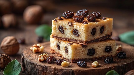 Poster - Millionaire shortbread bars with caramel white chocolate raisins and hazelnuts on a wooden background : Generative AI