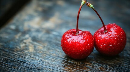 Poster - Fresh red cherry on wooden table background : Generative AI