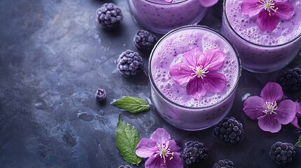 Poster - Blueberry blackberry honeysuckle honeyberry smoothie with violet syrup and acai berry powder on a stone background : Generative AI