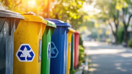 Colorful trash cans with recycling signs line sunny street, promoting eco friendly waste disposal. Their vibrant colors enhance urban landscape while encouraging recycling efforts