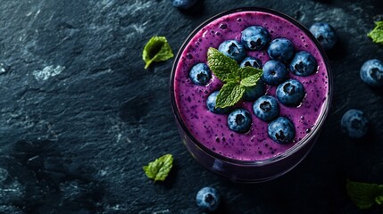 Poster - Berry acai smoothie with fresh blueberries on a black stone background Top view Copy space : Generative AI