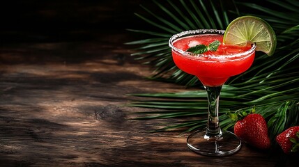 Aufkleber - Strawberry margarita cocktail on colorful wooden background with palm leaf : Generative AI