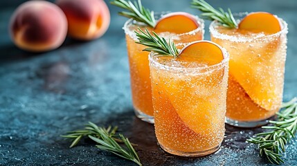 Poster - Peach cocktail fizz with rosemary on blue stone background Copy space : Generative AI