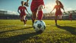 © ryker - Close up of female soccer players in red uniforms running towards ball on sunny field, showcasing teamwork and determination
