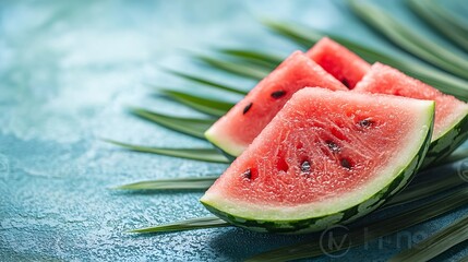 Poster - Watermelon slices on palm leaf Blue stone background Close up : Generative AI
