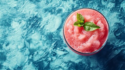 Poster - Fresh watermelon juice smoothie on blue textile background Top view : Generative AI