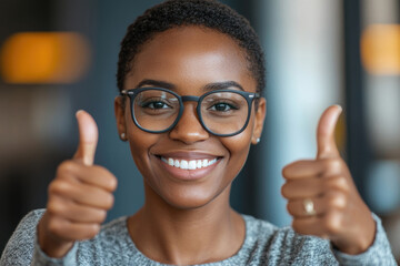 Young African American woman thumbs up in front of the camera