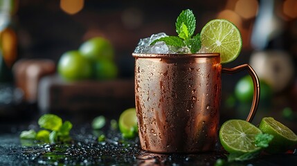 Aufkleber - Cocktail Moscow mule in copper mug shaker with mint leaf and lime Dark background Close up : Generative AI