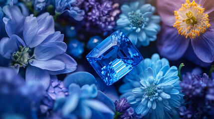 A vivid blue sapphire glowing with brilliance, framed flowers