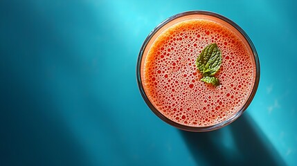 Poster - Fresh watermelon juice smoothie on blue textile background Top view : Generative AI