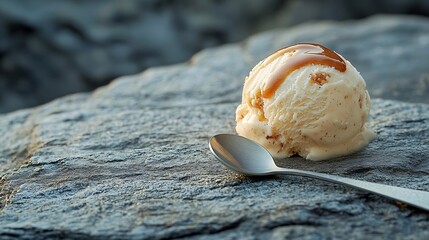 Aufkleber - Vanila Ice cream scoop with caramel topping on grey stone background : Generative AI