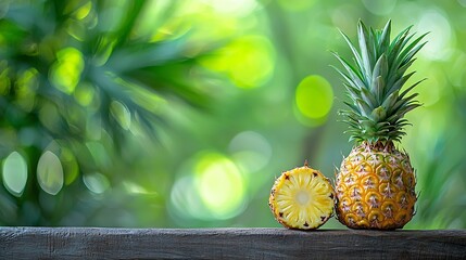 Poster - Pineapple on wooden table Tropical summer background Copy space : Generative AI