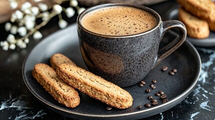 Aufkleber - Coffee espresso in cup with biscotti cookies on black marble background Close up : Generative AI