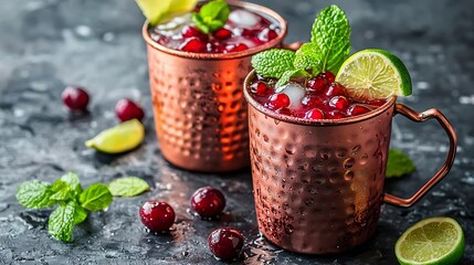 Aufkleber - Cold cherry Moscow Mules cocktail with ginger beer vodka lime Marble background : Generative AI