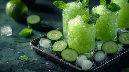 Aufkleber - Mintl lime and fresh cucumber granita in glasses with fresh mint leaves and cucumber slices on a metal tray with ice cubes : Generative AI