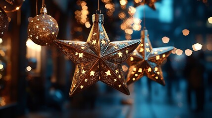 Poster - Christmas Eve New Year decoration lights bokeh blurred background : Generative AI