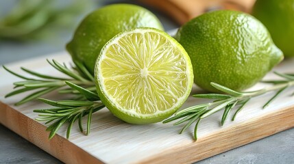 Aufkleber - Fresh limes and rosemary springs on white wooden cutting board Copy space : Generative AI