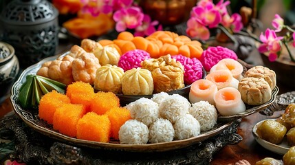 Traditional ceremonial Asian food fruits desserts duck rice on the table : Generative AI