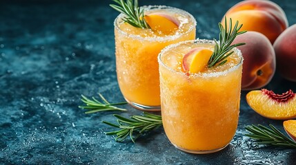 Aufkleber - Peach cocktail fizz with rosemary on blue stone background Copy space : Generative AI