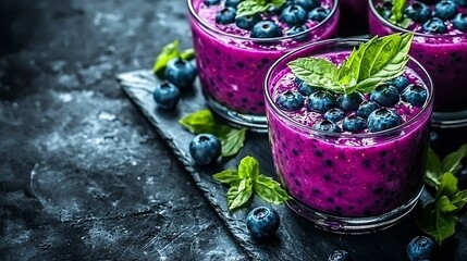 Poster - Asai berry smoothie with fresh blueberries Grey background Copy space : Generative AI