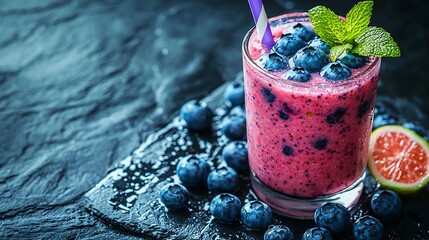 Poster - Berry smoothie with fresh blueberries on a black stone background Copy space : Generative AI