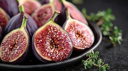 Poster - Fresh figs on black plate Dark background Close up : Generative AI